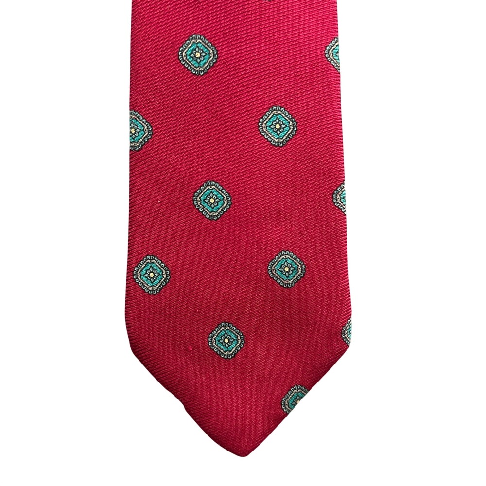 Mark Shale Silk Foulard Tie Hand Printed England Burgundy Teal Medallion 3.5"